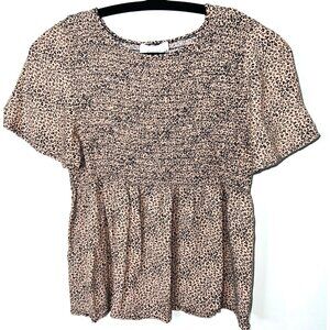 Urban Romantics Ruched Black & Tan Smocked Leopard Print Short Sleeve Small
